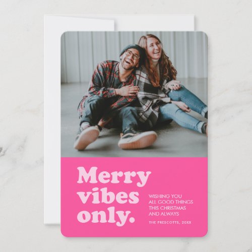 Retro merry vibes hot pink one photo Christmas Holiday Card