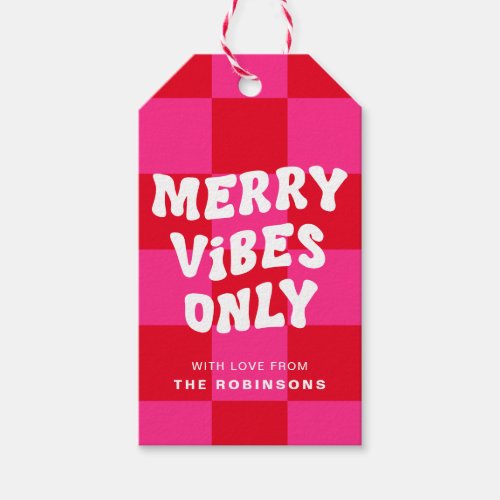 Retro Merry Vibes Only  Checker Pink and Red Gift Tags