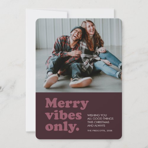 Retro merry vibes plum holiday photo card