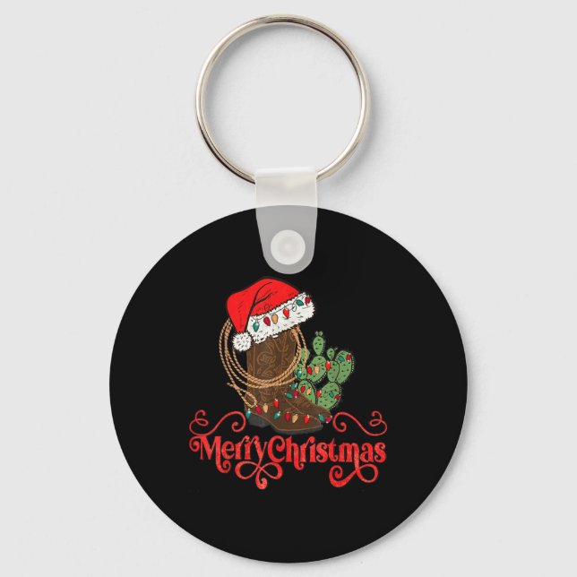 Retro Merry Xmas Santa Hat Cowboy Boots Western Ch Keychain (Front)
