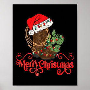 Retro Merry Xmas Santa Hat Cowboy Boots Western Ch Poster