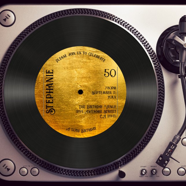 Retro Metallic Gold Record Music 50th Birthday Invitation (Creator Uploaded)