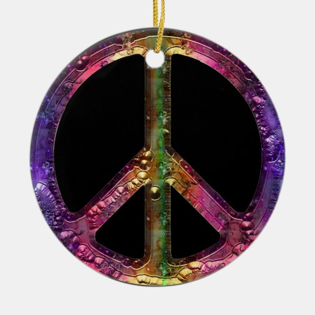 Retro Metallic Grunge Peace Sign Christmas Decor Ceramic Ornament (Front)