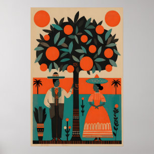 Retro Mexican Folk Art Print Vibrant Illustration