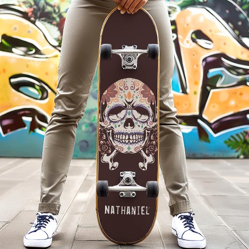 Retro Mexican Sugar Skull Custom Name Skateboard