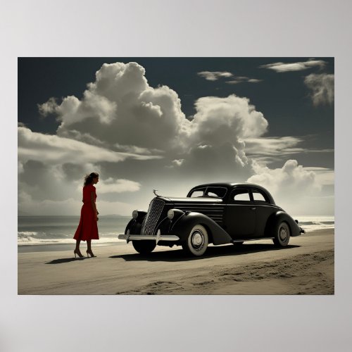 Retro Miami Beach 1940s roadster on the beach Poster