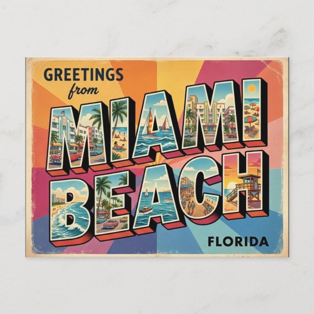 Retro Miami Beach Florida Travel Postcard Design (Front)