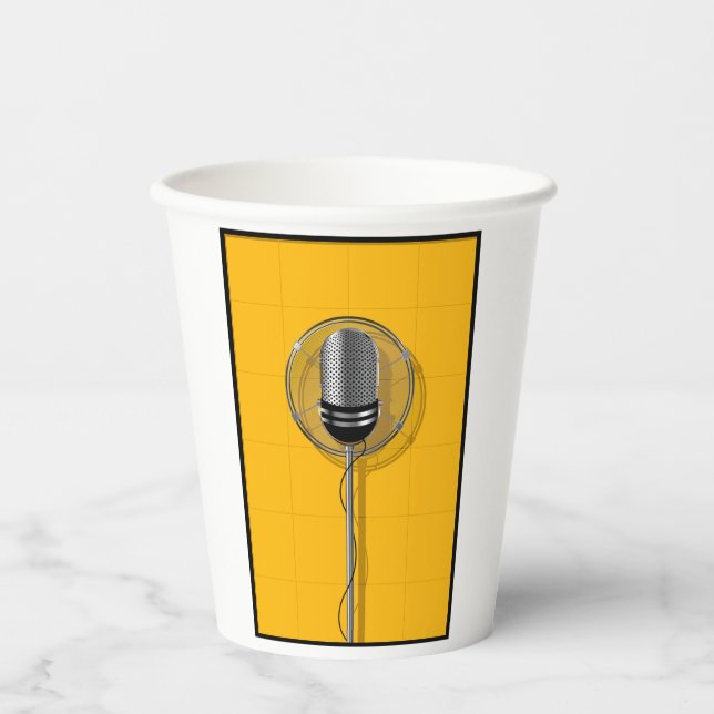 Retro Microphone on Bold Yellow Paper Cups (Front)