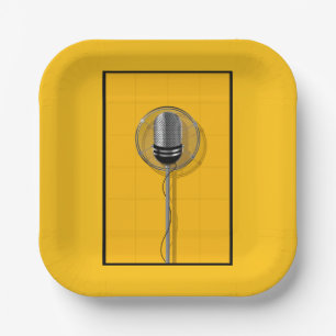 Retro Microphone on Bold Yellow Paper Plates