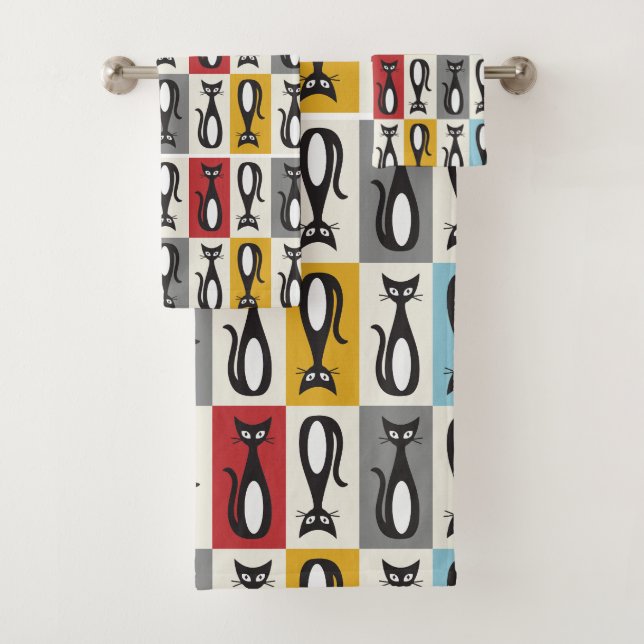 Retro Mid 20th Century Black Cat design Bath Towel Set (Insitu)