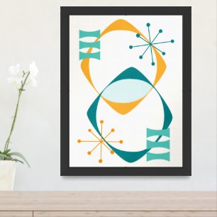 Retro Mid Century Atomic Age 24 Teal, Aqua, Orange Framed Art