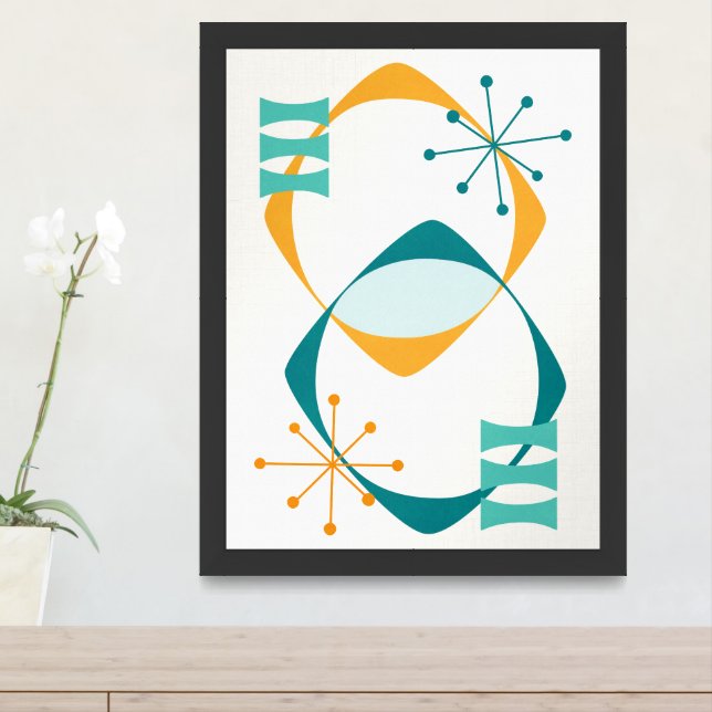 Retro Mid Century Atomic Age 24 Teal, Aqua, Orange Framed Art (Entryway)
