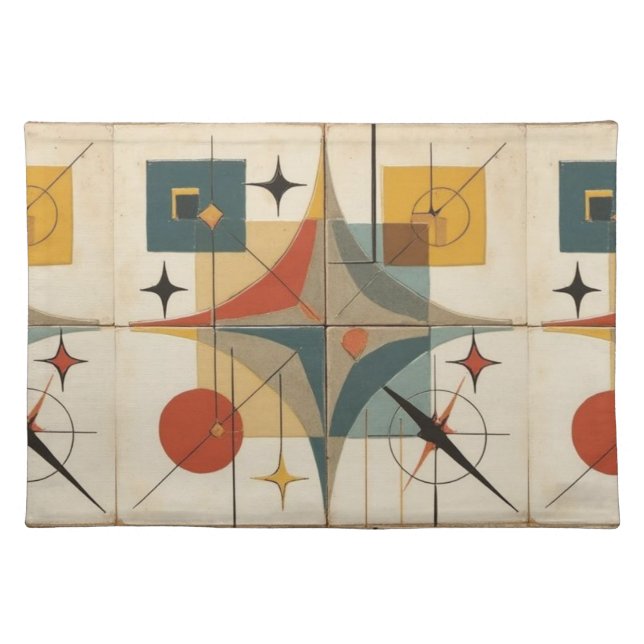 Retro Mid Century Atomic Geometric Pattern Cloth Placemat (Front)
