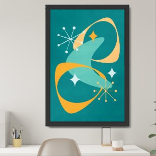Retro Mid Century Atomic Space Age 20 Teal, Orange Framed Art