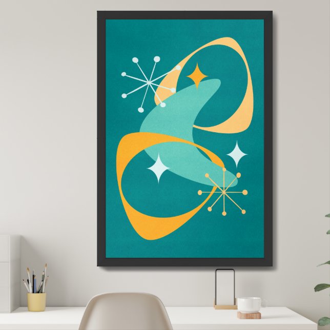 Retro Mid Century Atomic Space Age 20 Teal, Orange Framed Art (Home Office)