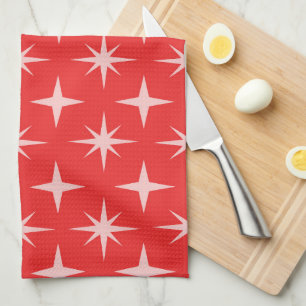 Retro Mid Century Atomic Stars Pattern on Red Kitchen Towel
