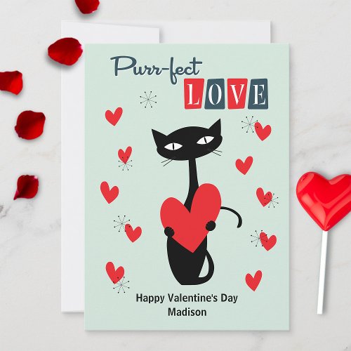 Retro Mid Century Atomic Valentines Day Cat Holiday Card