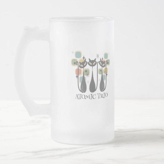 Retro Mid Century Black Atomic Cats MCM Frosted Glass Beer Mug (Left)