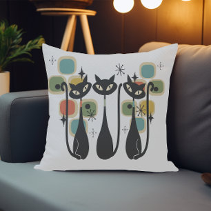 Retro Mid Century Black Atomic Cats  Throw Pillow