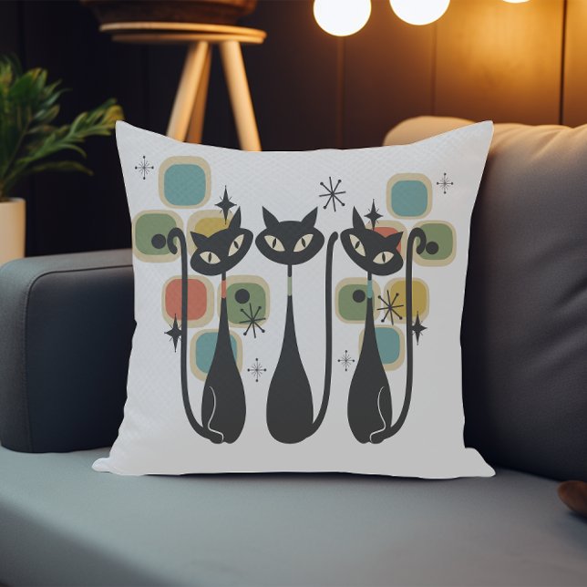 Retro Mid Century Black Atomic Cats  Throw Pillow (Retro Mid Century Black Atomic Cats Throw Pillow)