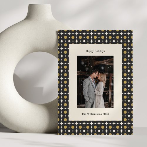 Retro Mid Century Bold Black Gold Floral Wedding Holiday Card