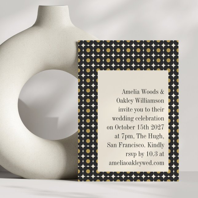 Retro Mid Century Bold Black Gold Floral Wedding Invitation (Creator Uploaded)