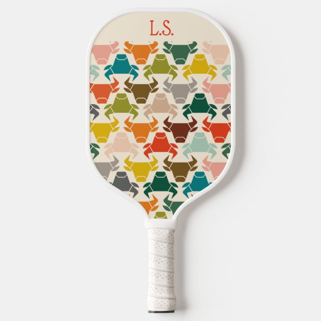 Retro Mid-Century Bull Pattern Monogrammed  Pickleball Paddle (Front)