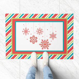 Retro Mid-Century Candy Stripes Red Snowflakes Doormat