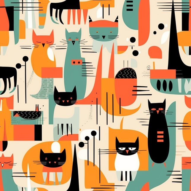 Retro Mid Century Cat Illustration Wrapping Paper Sheets (Creator Uploaded)