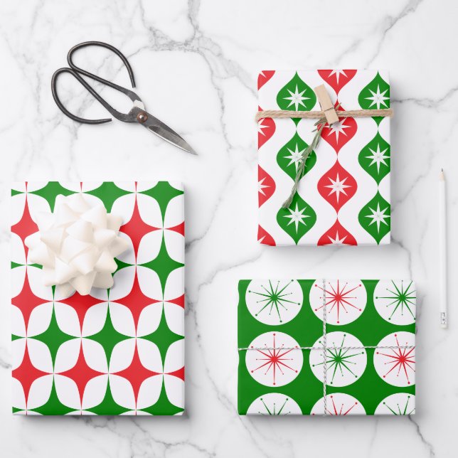 Retro Mid Century Christmas Starburst Holiday Wrapping Paper Sheets (Front)