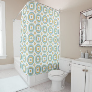 Retro Mid Century Circles and Flowers Aqua, Gold  Shower Curtain