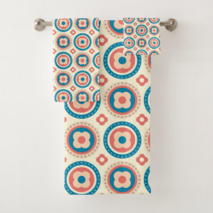 Retro Mid Century Circles and Flowers Blue, Peach Bath Towel Set