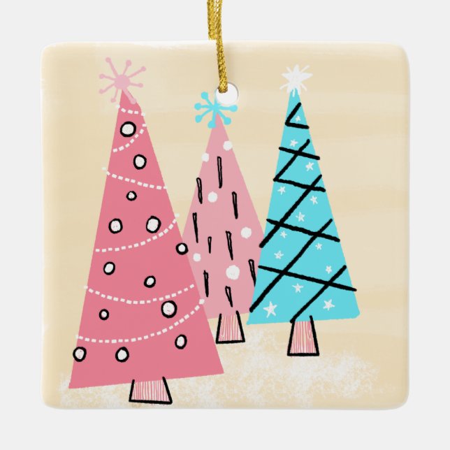 Retro Mid-century Colorful Holiday Trees Ceramic Ornament (Front)