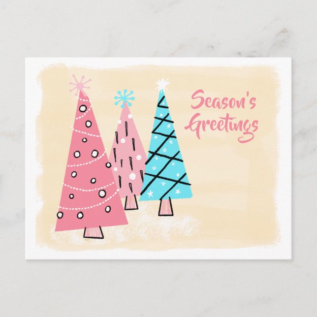 Retro Mid-century Colorful Holiday Trees Postcard (Front)