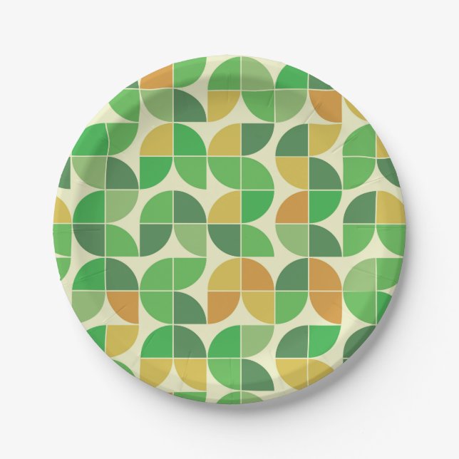 Retro Mid Century Geometric Floral Green  Paper Plates (Front)