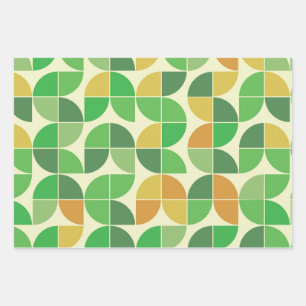Retro Mid Century Geometric Floral Green Wrapping Paper Sheets