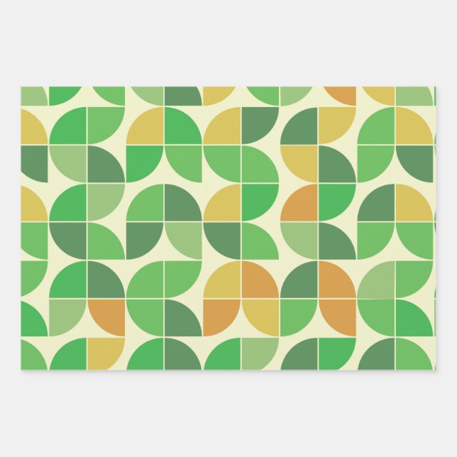 Retro Mid Century Geometric Floral Green  Wrapping Paper Sheets (Front)