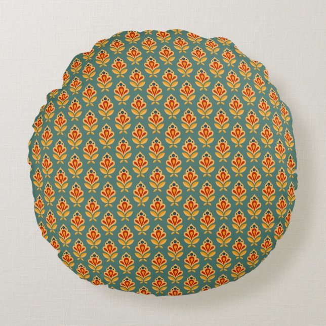 Retro Mid- Century Geometric Print 1970s Patterned Round Pillow (Front)