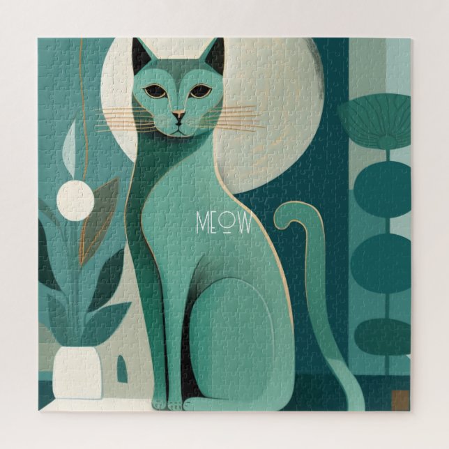 Retro Mid Century Green Cat Jigsaw Puzzle (Vertical)