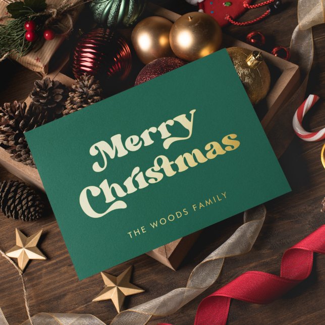 Retro Mid Century Green Merry Christmas Foil Holiday Card (Creator Uploaded)