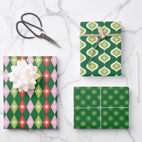 Retro Mid Century Green  Red Christmas Wrapping Paper Sheets