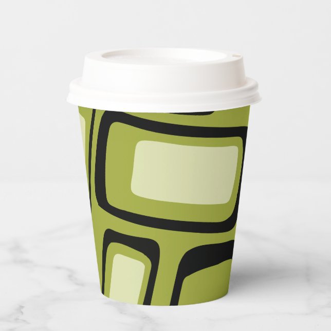 Retro Mid-Century Green Rounded Rectangle Grid  Paper Cups (Front)