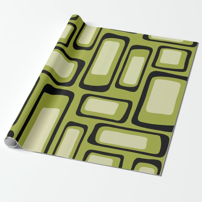 Retro Mid-Century Green Rounded Rectangle Grid  Wrapping Paper (Unrolled)