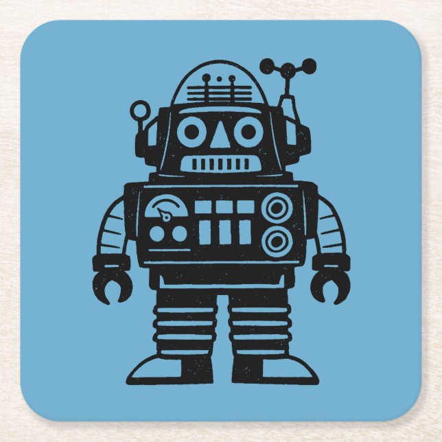 Retro Mid Century Inspired Robot Square Paper Coaster (Front)