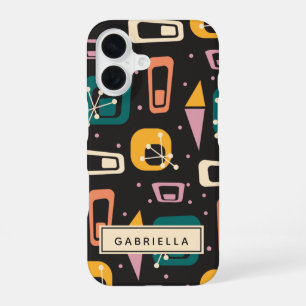 Retro Mid Century Mod Atomic Black Personalized iPhone 16 Case
