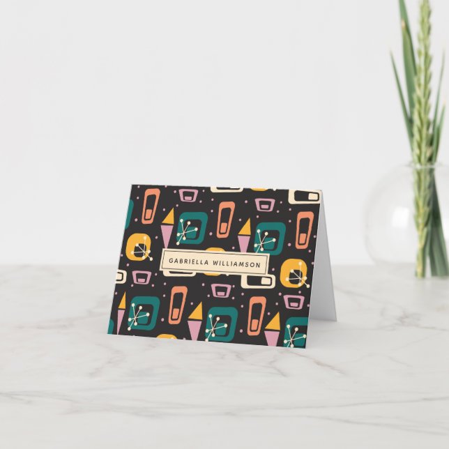 Retro Mid Century Mod Atomic Black Personalized Note Card (Front)