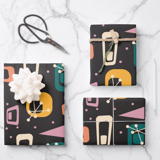 Retro Mid Century Mod Atomic Space Age Black Wrapping Paper Sheets (Front)