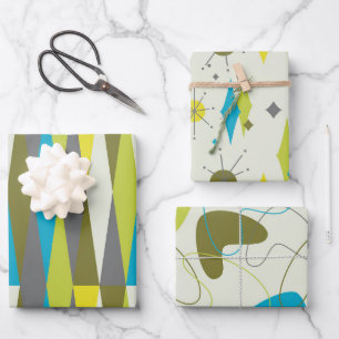 Retro Mid Century Mod Atomic Space Age Blue Green Wrapping Paper Sheets
