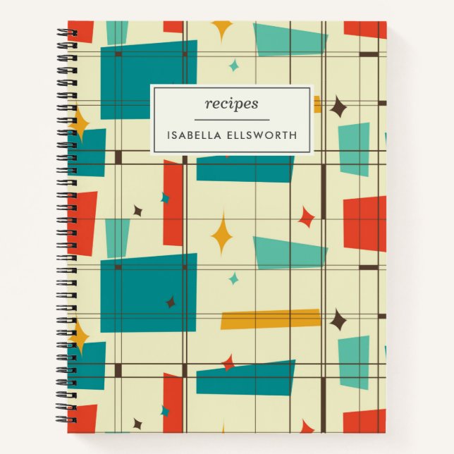 Retro Mid Century Mod Atomic Space Age Teal Recipe Notebook (Front)
