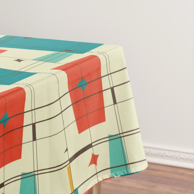 Retro Mid Century Mod Atomic Space Age Teal Red Tablecloth (In Situ)